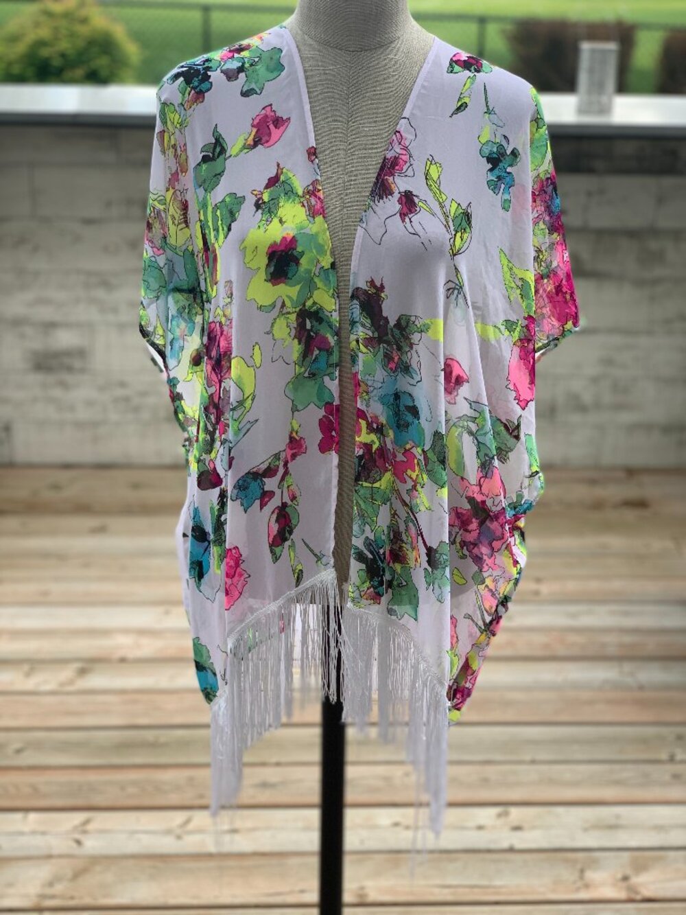 OP Sheer Floral Tassel Shawl Cover Up White Pink Open Poncho Wrap Y2K Beach Boho